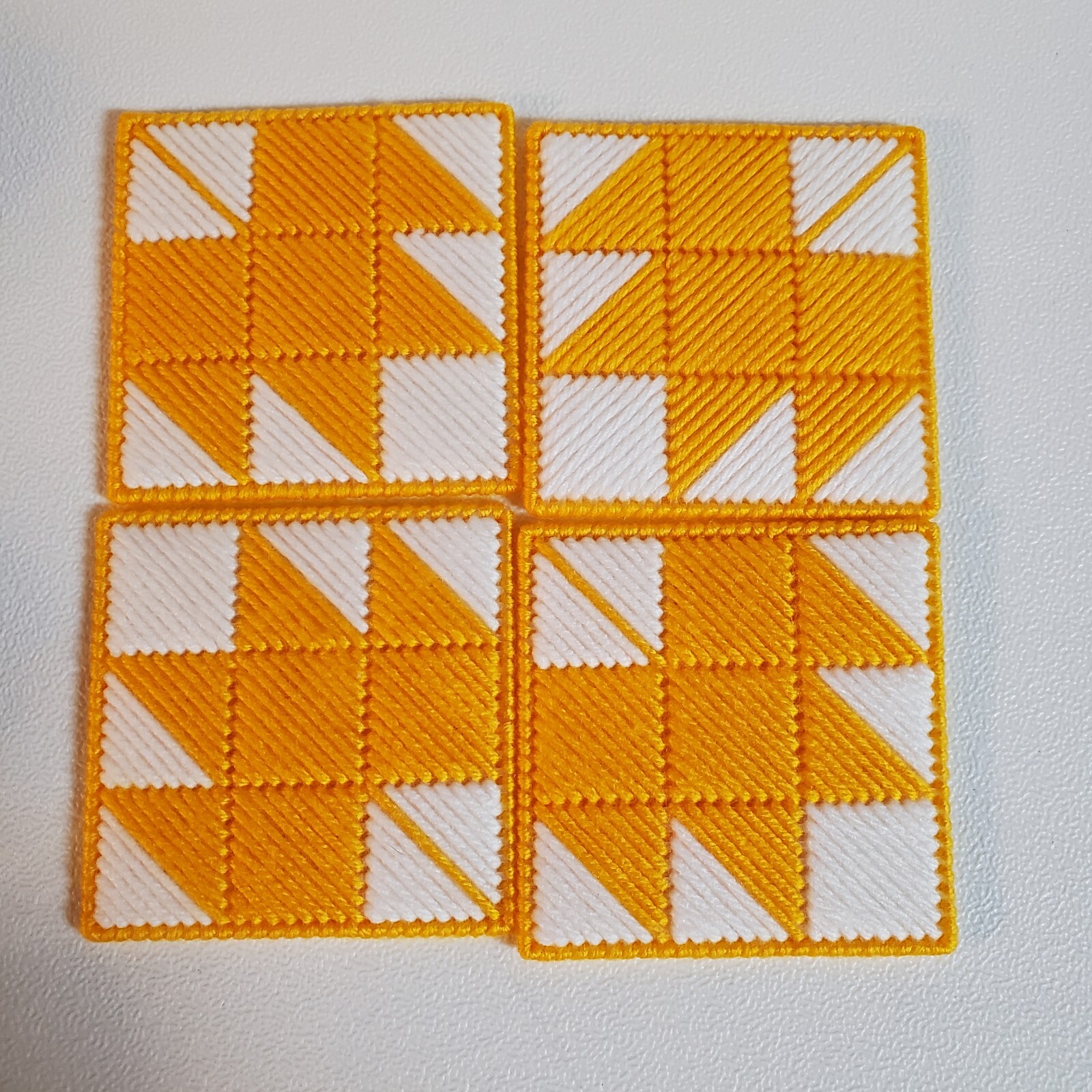 Plastic Canvas Cross Stitch Coaster Set Handmade Craft Yellow White No