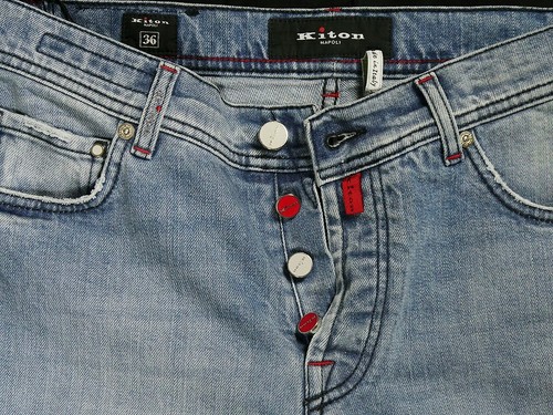 JEANS KITON AZUL CLARO EDICIÓN ESPECIAL HECHOS A MANO ITALIA NUEVOS TALLA 31 EE. UU. DELGADO ELÁSTICO - Imagen 8 de 10