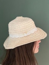 Girls Child's Beach Summer Pool Straw Hat Beige/Tan White Lace sz 2-6