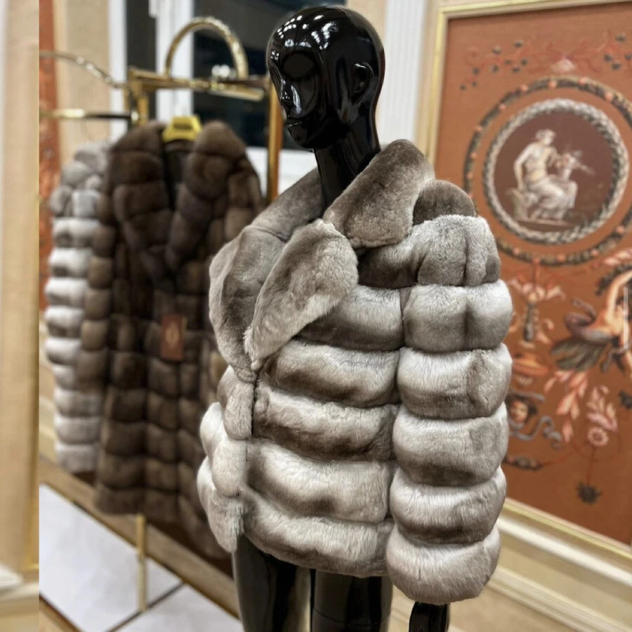 2022 Women s Natural Chinchilla Color Real Rex Rabbit Fur Coat