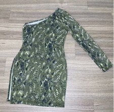 PLT - GREEN SNAKE PRINT ONE SHOULDER SPLIT BODYCON DRESS
