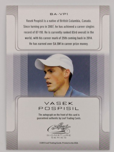 2017 Leaf Signature Series Green /10 - Vasek Pospisil #BA-VP1 (AU) - Picture 2 of 2