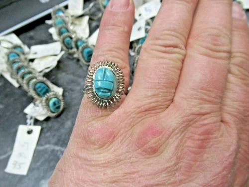 Vintage NOS Egyptian Blue Scarab Faience Costume Jewelry Fashion Ring Sizes 8-12
