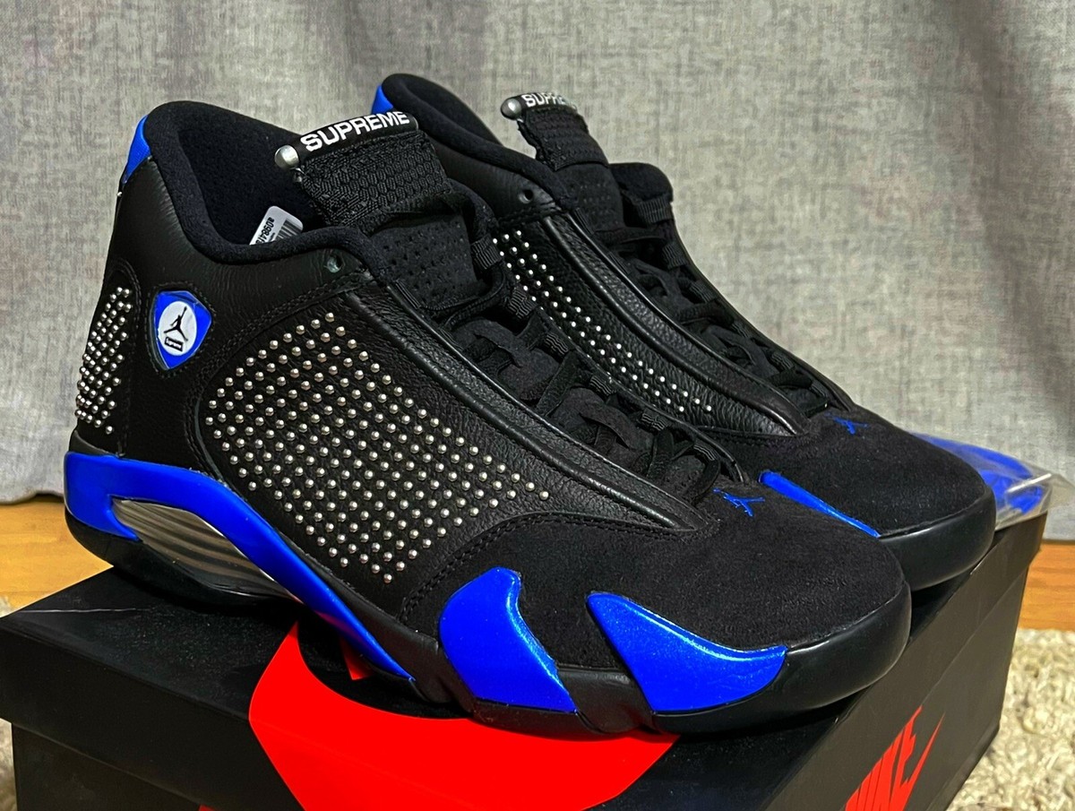 Nike Air Jordan 14 Retro X Supreme Black Varsity Royal Size Nike Air Jordan 14 Retro X Supreme Black Varsity Royal Size