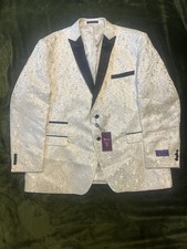 Fabrycznie nowy z metką Vinci Garnitur męski Paisley 2-guzikowe Kurtka Tuxedo Nowa Kość słoniowa 4XL BF-2