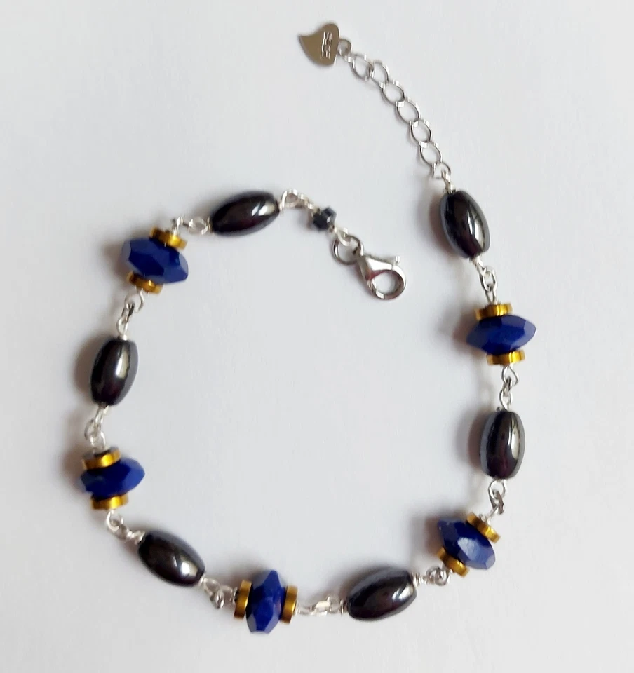 Bracciale in argento 925 con ematite a chicco di riso e lapislazzuli sfaccettati - Immagine 4 di 4