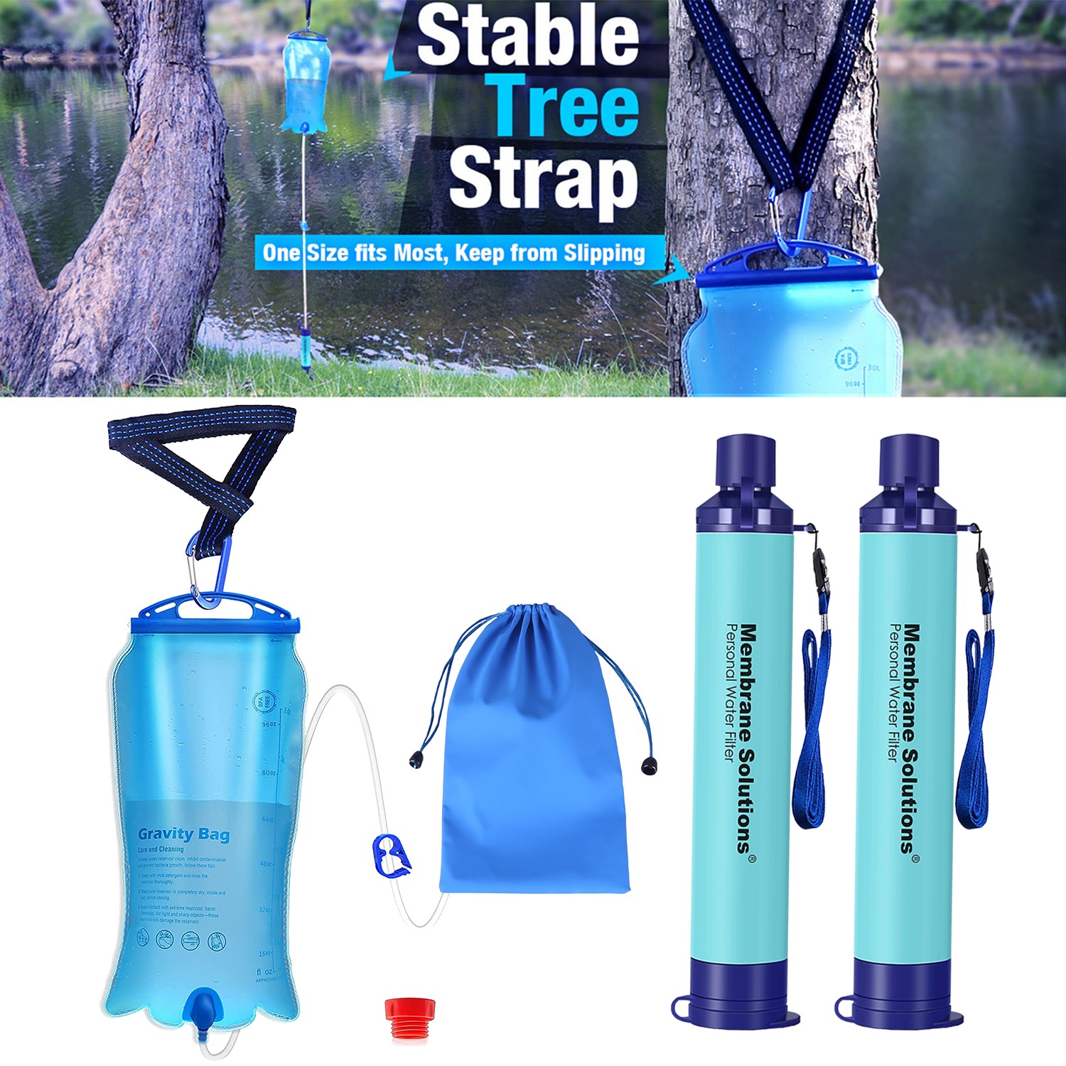 Gravity-Fed Water Purifier,3L,W/2xPortable Water Filter Stra
