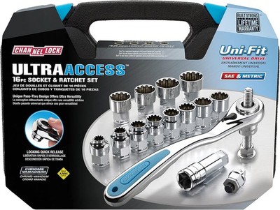 Ultra Access Socket Set 39100 Pass-Thru Ratchet Chrome/Nickel 16 Piece UNIFIT