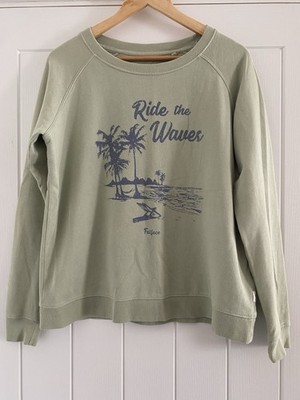 Fatface hochwertiger weicher stretchiger Pullover grün Grafik Surfpullover Gr. UK 12 sehr guter Zustand