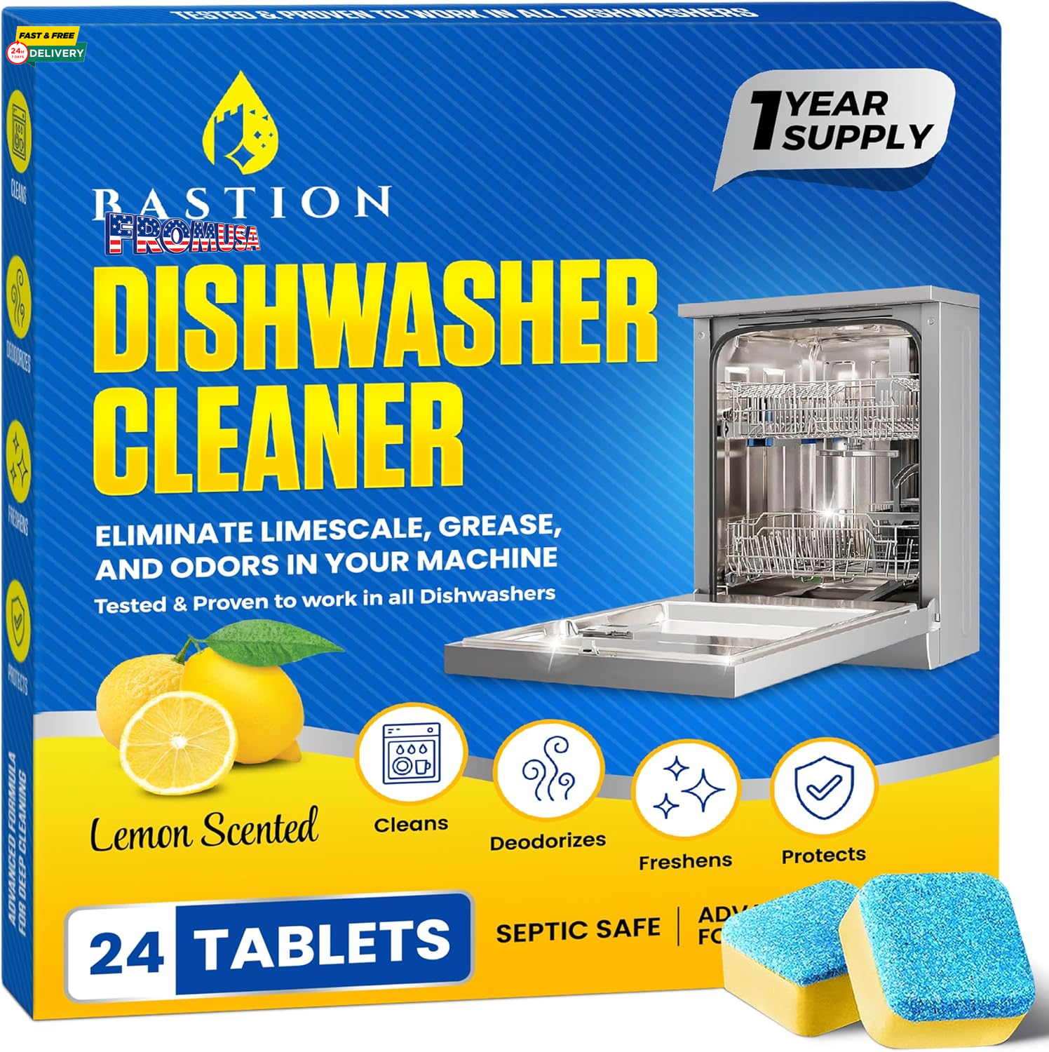 Dishwasher Cleaner Tablets - 24 Tablets (1-Year Supply) Lemon-Scented, Heavy Dut