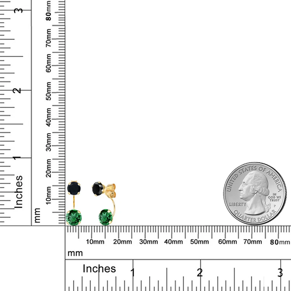 2.49 Ct Round Green Nano Emerald Black Onyx 14K Yellow Gold Earrings - Image 2 of 4