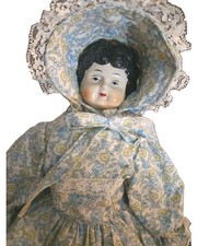 Antique Porcelain China Head Doll, Sleepy Eyes Cloth Floral Dress Bonnet 18"
