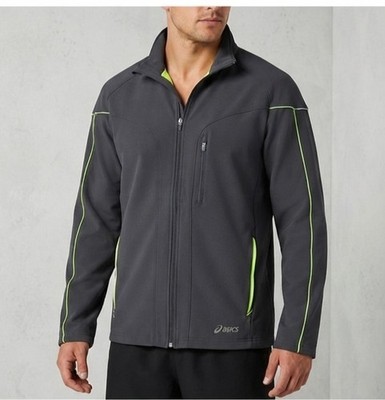 Asics Men's Jacket L Gray Zippered Chest Pocket Running Size Shoes Neon Men