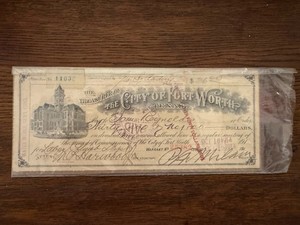 City of Fort Worth Texas General Fund Treasury Warrant Bank Check