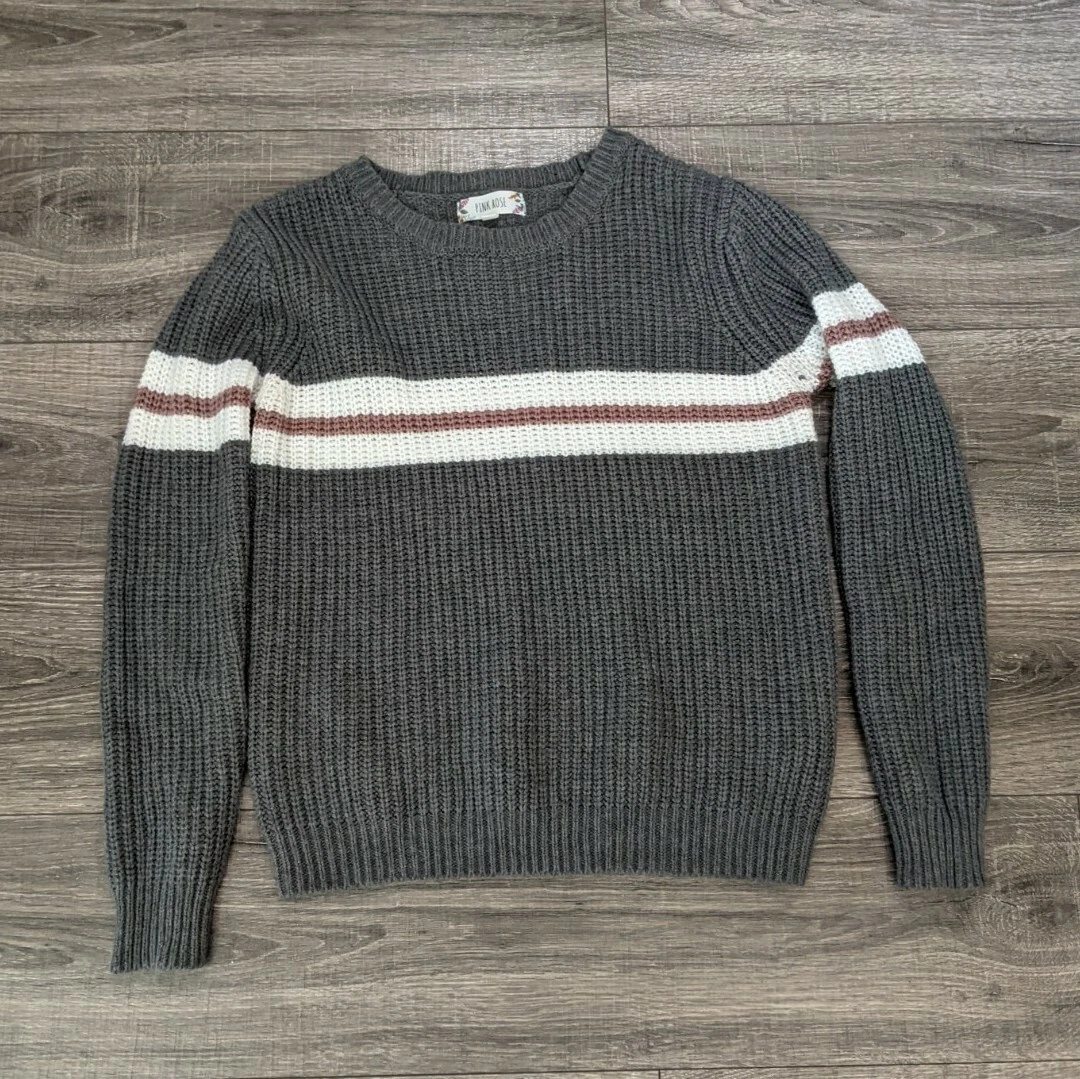 Womens Pink Rose Cable Knit XL Gray Pink White Striped Sweater eBay