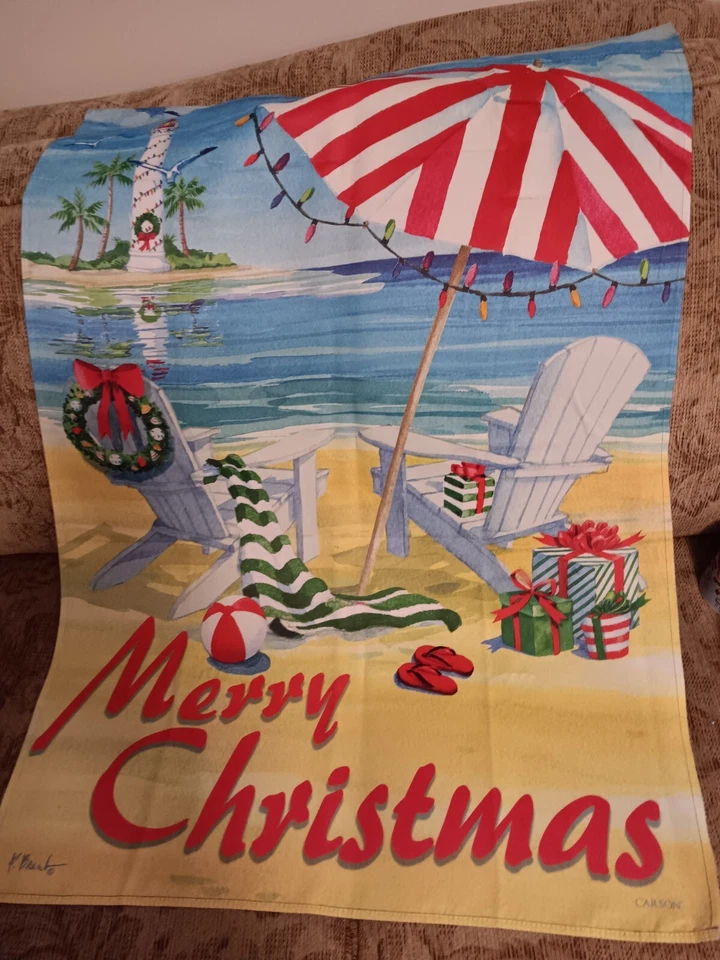 Cadeira guarda-chuva farol Beachy Christmas HOUSE bandeira Carson 28" x 40" excelente estado usado - Imagem 2 de 4
