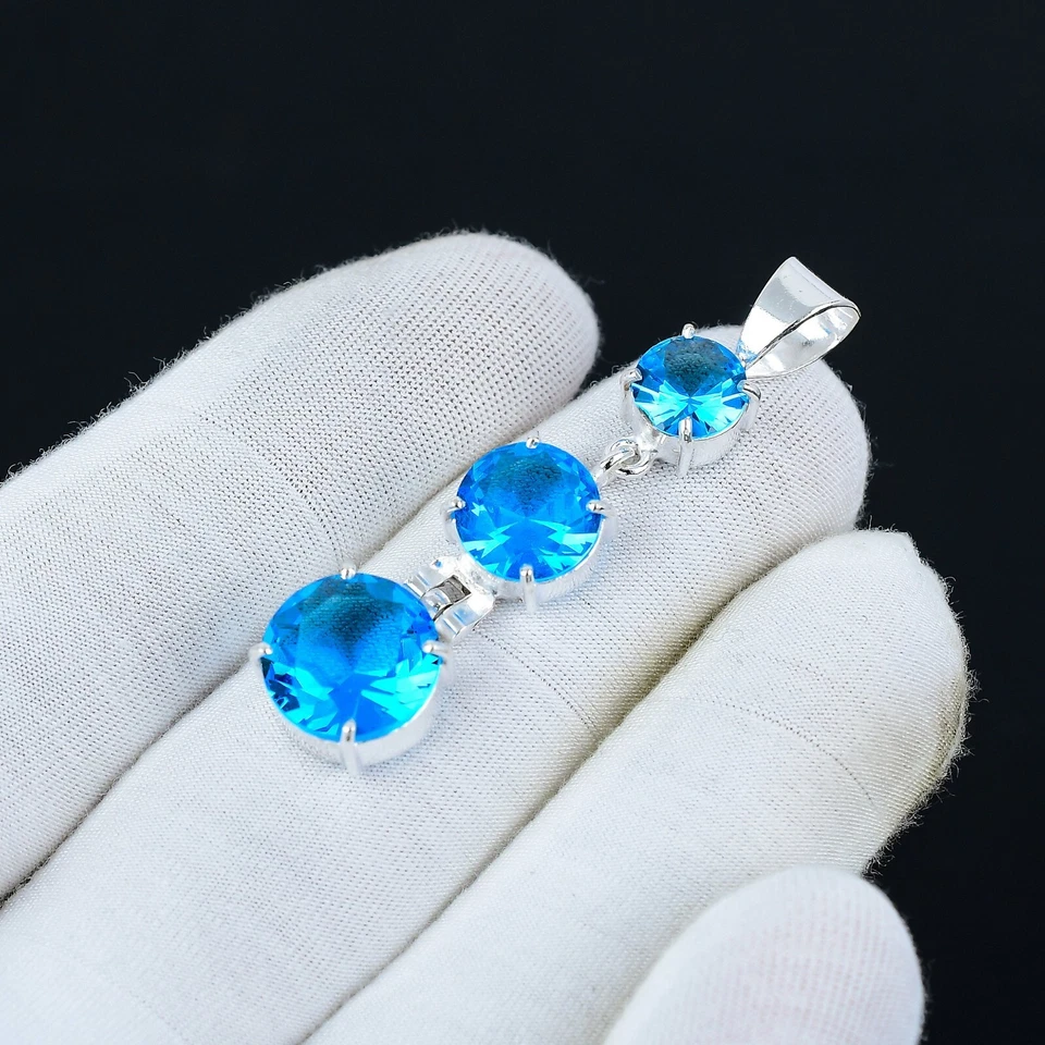 Schweizer Blau Topas Edelstein Anhänger Handgemacht 925 Sterling Silber für Sie - Bild 4 von 4
