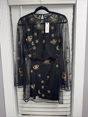 Nasty Gal Celestial Hand Embellished Mini Dress Black Galaxy Star Long  Sleeve