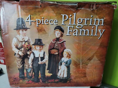 4 Piece Hand Painted Pilgrim Family Thanksgiving Figures VTG Large Handcrafted