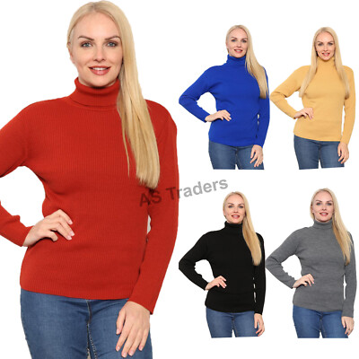 Damen Frauen hoher Rollkragen feiner Pullover Pulli Langarm Polo gerippt Oberteil
