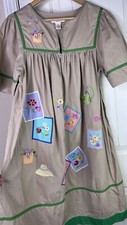 VTG Bechamel House Coat Mumu Dress Tan Embroidered Pockets PS Cottagecore Granny