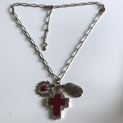 Vintage Lucky Brand Cross Necklace Red Semi Precious Stone Gold Tone Faith - Picture 2 of 10