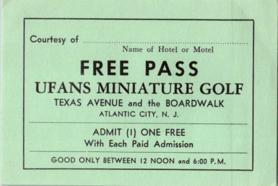 Vintage Ufans Miniature Golf FREE PASS Atlantic City NJ Motel Courtesy Pass