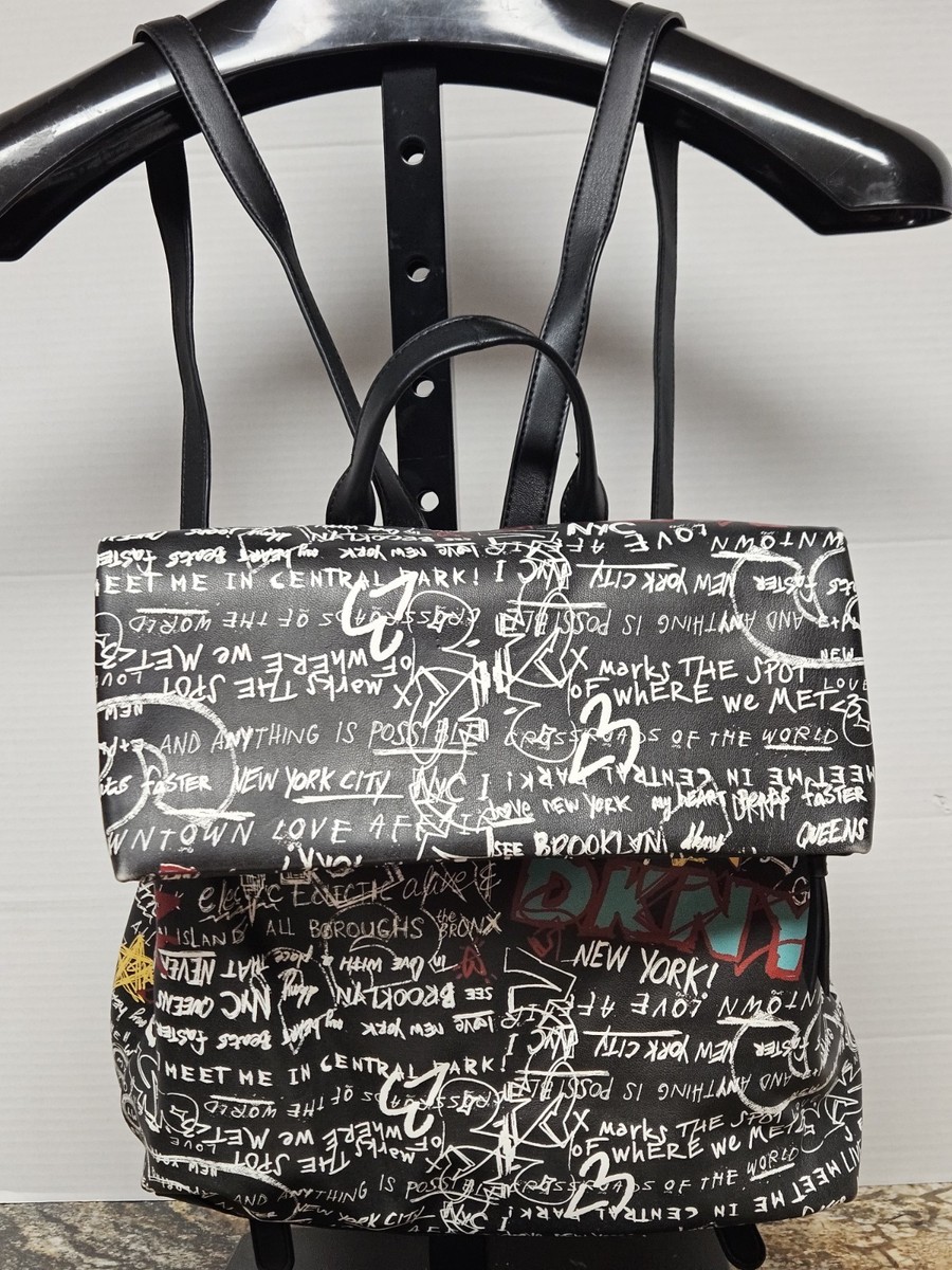 New! DKNY Black Graffiti Backpack with Red and Teal Logo Accents DKNY Tilly Fold Over Backpack Graffiti Logo Black Multicolor  main image 4