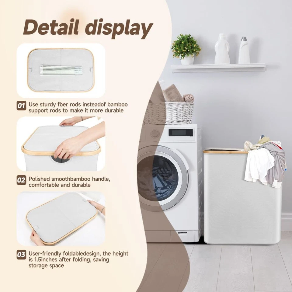 Cesta de Lavandería Doble Plegable 140L con Tapa, Cesta de Lavandería Extra Grande de Bambú Foto 2 de 4