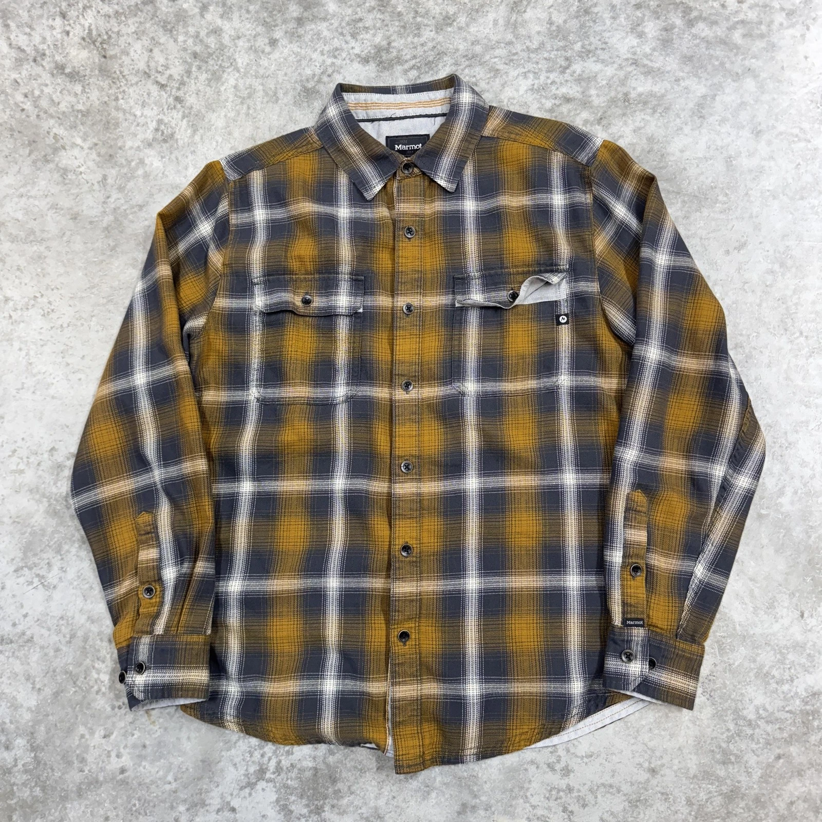 Marmot Shirt Mens Small Gray Yellow Plaid Flannel Button Down Outdoor Hiking