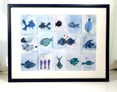Gemälde Fische Blaue Hellblau Holzrahmen 31,7 cm X 42 cm Dekobild Deko Aquarell - Bild 1 von 4