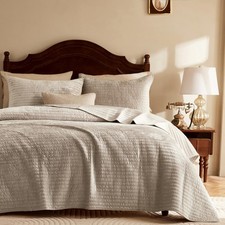 Velvet Queen Size Quilt Set - Beige Striped Pick Stitch Soft Lightweight Beds...