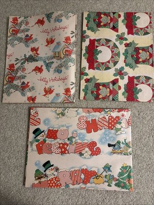 Vintage Christmas Wrapping Paper Lot 3 Sheets 30x40 Retro Snowman Quilt Cardinal