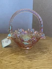 Vintage Fenton Pink Iridescent Glass Basket Ruffle Edge Floral Sticker Stamp Tag