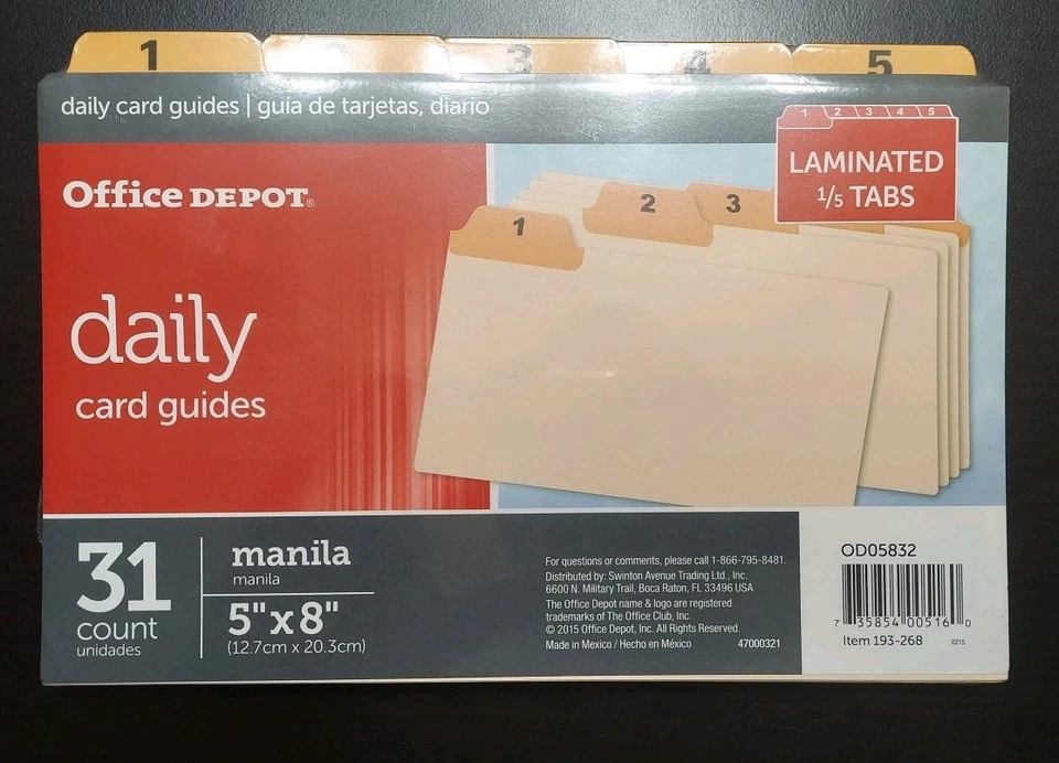 Lote de 4 paquetes 31 unidades Office Depot guías diarias de tarjetas pestañas laminadas de 5x8 pulgadas Foto 3 de 4
