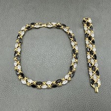 Vintage Napier Necklace Bracelet Set Gold Tone Black Clear Glass Rhinestone