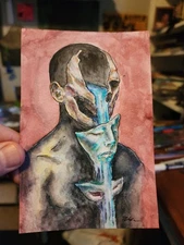 Original 4x6 Watercolor Art – Surreal “Faceless” Waterfall Figure