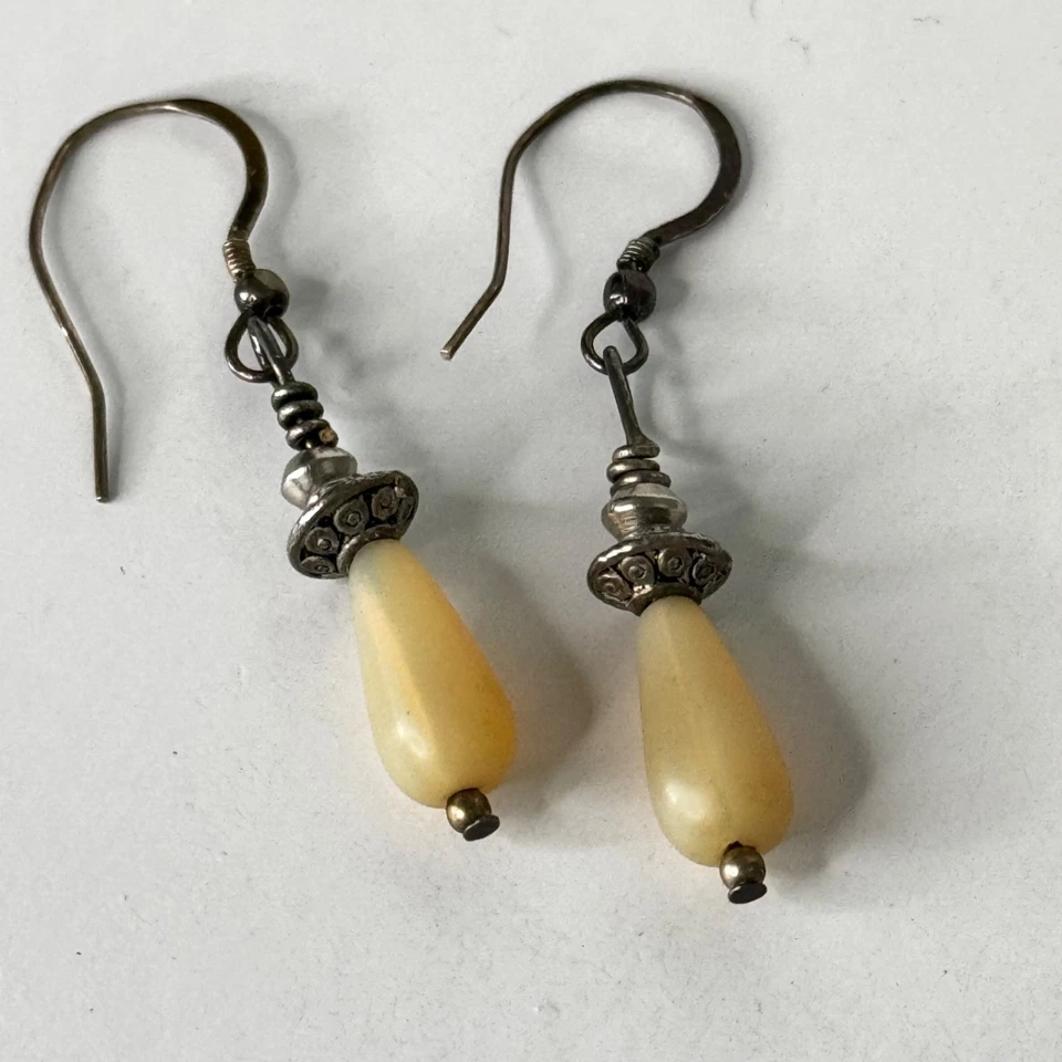 Pendientes colgantes vintage piedra lágrima crema plata de ley 925 Foto 4 de 4