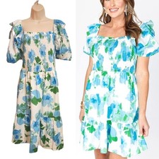 SugarLips Smocked Floral Puff Sleeve Tiered Mini Dress Blue/White 3X-Large