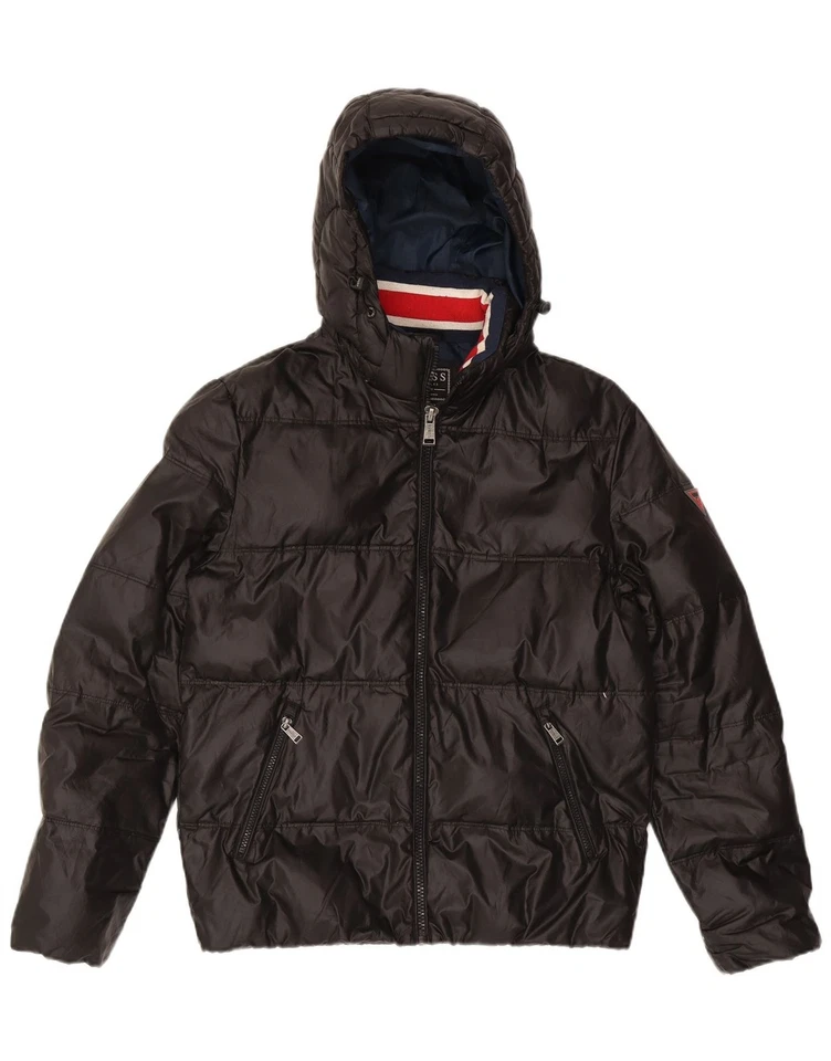 GUESS Mens Hooded Padded Jacket UK 38 Medium Black Polyester DY51 - Image 3 of 4
