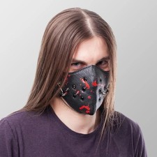 Maske Schwarz Leder mit Spikes Blood Shot Halbmaske Gesichtsmaske Horror Grusel