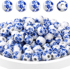 Ceramic Beads, 100Pcs round Porcelain Beads 10Mm Handmade Porcelain Blue Flower