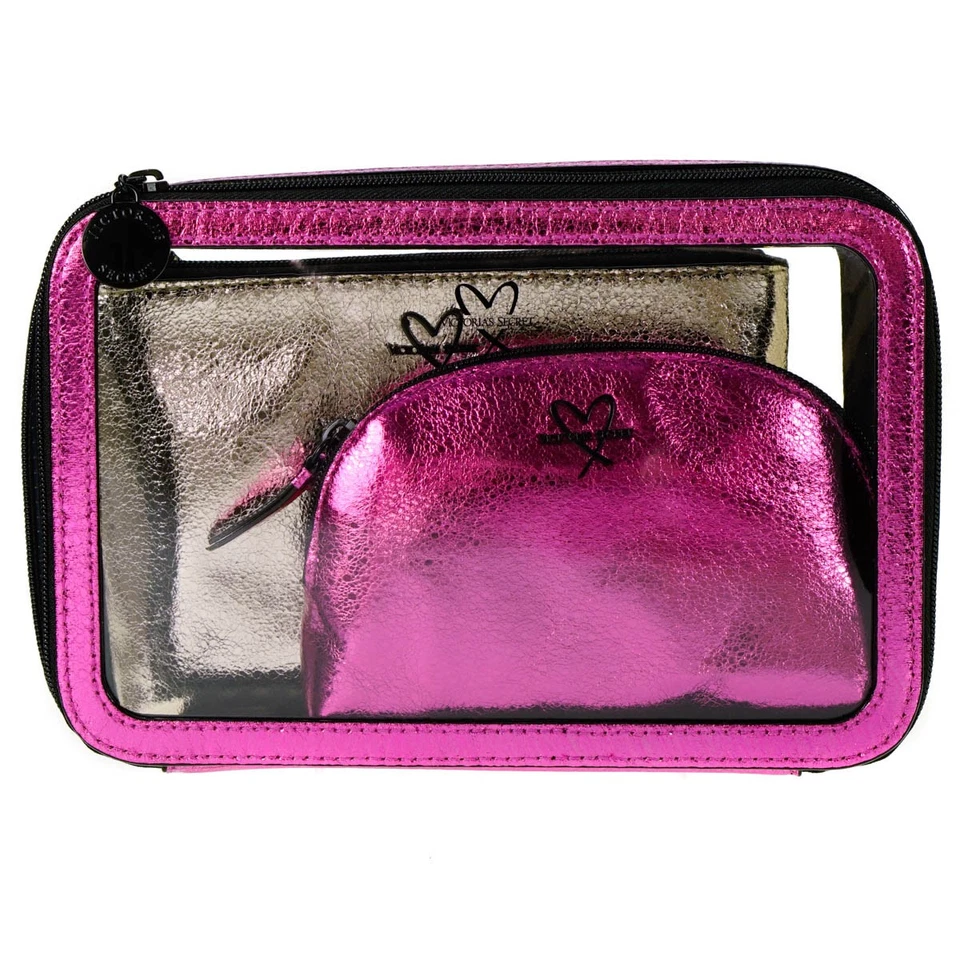 Victoria's Secret Cosmetic Makeup Bag Travel x 3 Set Gold Pink & Clear  - Image 2 of 2