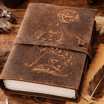 Vintage Handmade Leather Journal with Wolf Embossed Cover