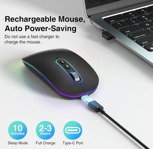 RGB LED Wireless Mouse Rechargeable Optical Silent Mice USB For PC - Black - Picture 3 of 8