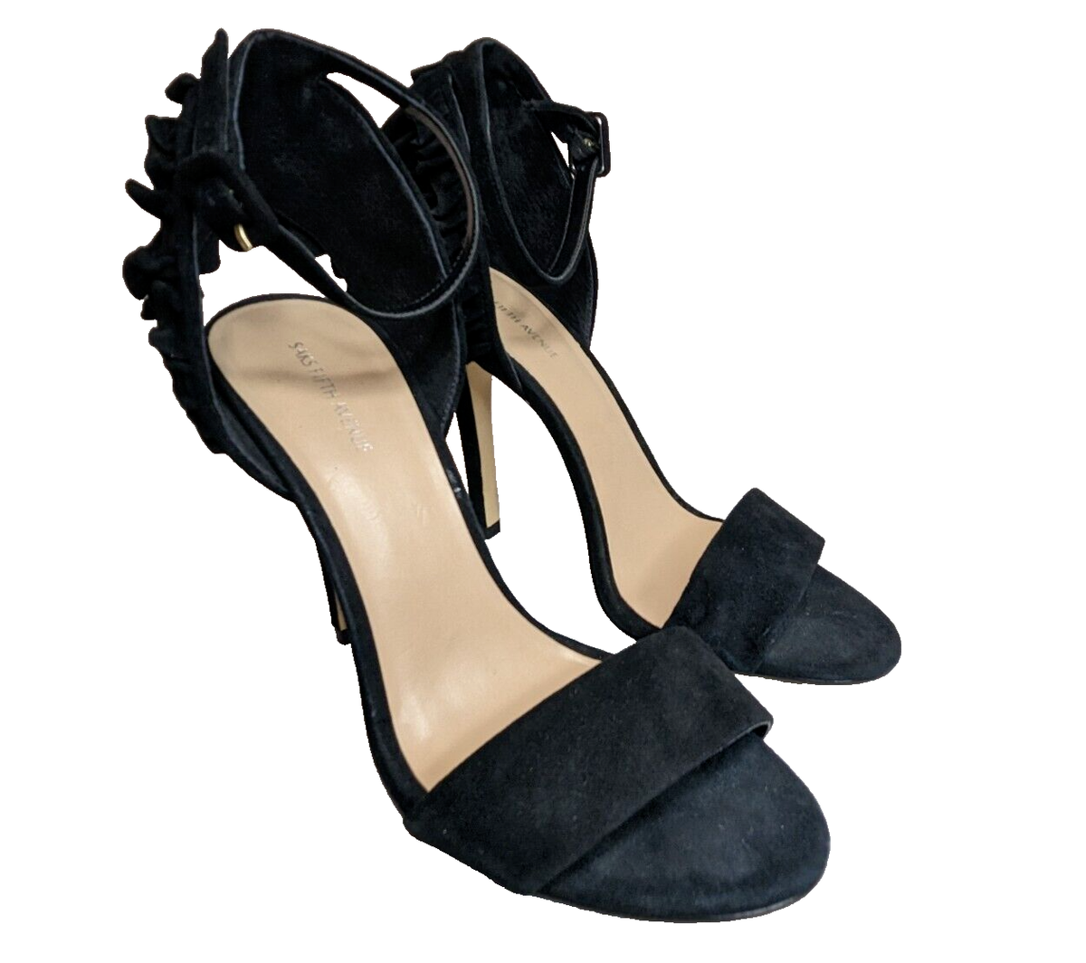 Saks Fifth Avenue Black High Heel Suede Sandals w/ Ankle Strap