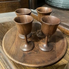 Wooden Solid Oak Serving  Tray Barware With Goblets