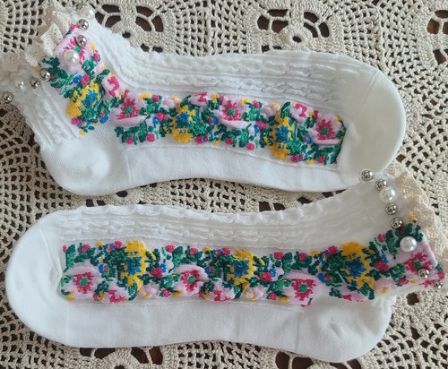 Handcrafted White in Color ~ Embellished w/Pearls ~ Lace ~ Floral ~ Ankle Socks - Picture 2 of 5
