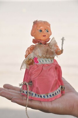 Vintage Wind Up Doll With Stick & Flower Litho Tin Toy