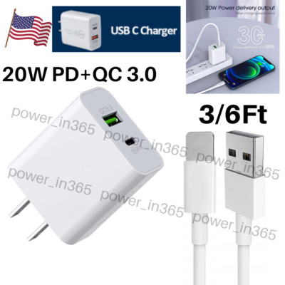 For iPhone 11 X XR 8 7 6 QC3.0 Fast Charger 20W PD Power Adapter Block USB Cable